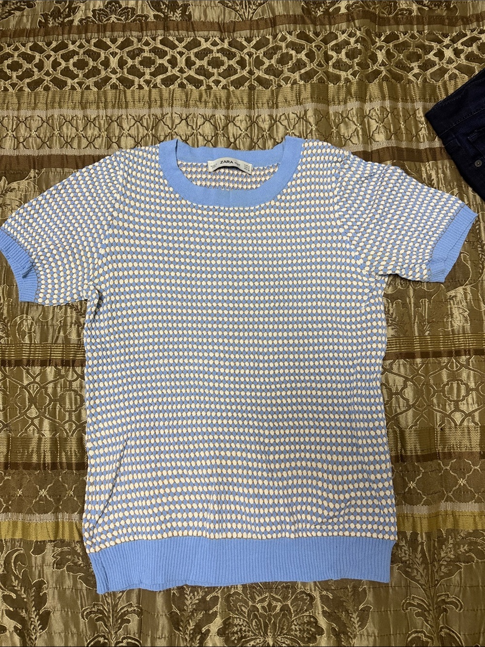 Zara Light Blue & White Knit Short Sleeve Tee